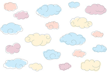 Seamless pattern with color simple doodle clouds.