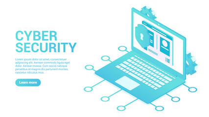 Data protection concept. Landing page or internet banner template. 3d laptop with web page icons, shield with lock and gears.Vector illustration in isometric style.  isolated on white background. 