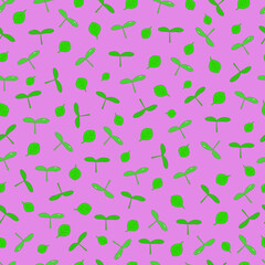 Seamless pink background with green leaves and sprouts. Vector illustration.