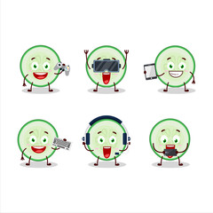 Slice of cucumber cartoon character are playing games with various cute emoticons