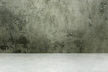White concrete brick surface with dark dirty marble texture table background. Balnk space template wallpaper with perspective vintage frame