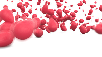 Red air ballons flying and falling in wite paper studio. 3d render