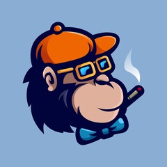 Monkey with glasses and hat mascot logo design vector