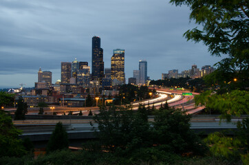 Fototapeta na wymiar Seattle Skyline Cityscape with Light Trails and Traffic