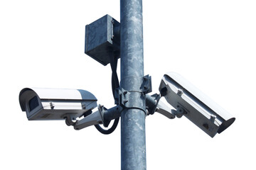 CCTV camera installed on the pole , on white background .with clipping path.
