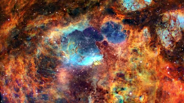 NGC6357 The Lobster Nebula. Space Flight to star field Galaxy and Nebulae deep space exploration. 4K 3D Flight Into NGC 6357 The Lobster Nebula diffuse nebula near NGC 6334. Furnished by NASA image.
