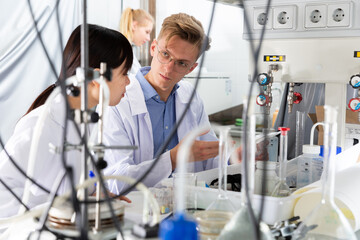 Young male scientist working with female colleague in chemical laboratory, using lab equipment during research