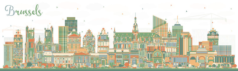 Brussels Belgium City Skyline with Color Buildings.
