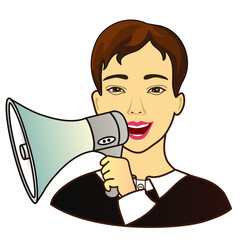 cool man holding a megaphone in his hand and shouting something, color vector banner or flyer