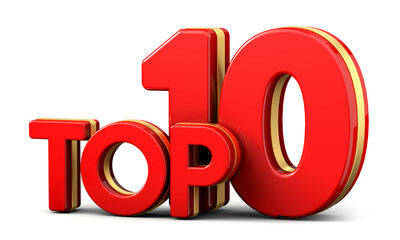 Top ten. 3d Top 10 red and golden text isolated on white background. 3d illustration.