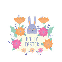 A template for an Easter greeting card. Cute bunny, flowers and happy easter text. Vector illustration.