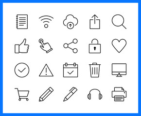 Collection of UI UX linear icons and color icons. printer, moniter, internet, share , technology. Set of share, computer symbols drawn with thin contour lines. Vector illustration.