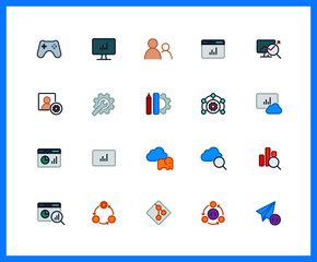 Collection of UI UX colorful and linear icons. Cloud, Analytics, Management. Set of cloud platform symbols drawn with thin contour lines and various color. Vector illustration.