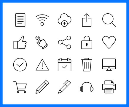 Collection of UI UX linear icons and color icons. printer, moniter, internet, share , technology. Set of share, computer symbols drawn with thin contour lines. Vector illustration.