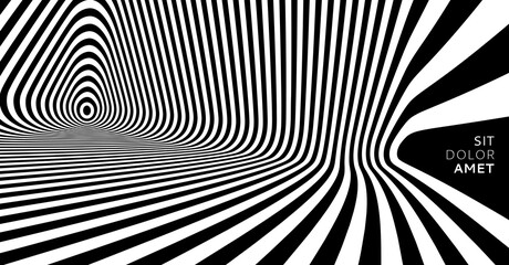 The geometric background by stripes. Black and white modern pattern with optical illusion. 3d vector illustration for brochure, annual report, magazine, poster, presentation, flyer or banner.