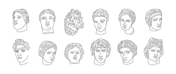 A set of Antique Sculptures in a Minimalistic, Trendy Linear style. Vector illustration of Ancient Greek GodsVenus, Apollo, David, Aphrodite and others. For T-shirts Print, Posters, Cards, Tattoos