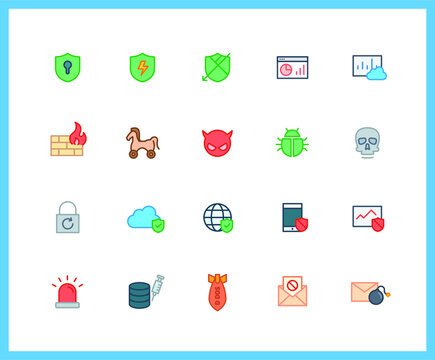 Security, Computer Virus color icons. Trojan, Lock, Debug. Set of Network platform symbols drawn with thin contour lines. Vector illustration.
