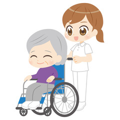 Caregiver pushing a wheelchair anime icon 車椅子を押す介護士のアニメ風アイコン