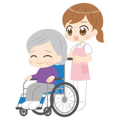 Caregiver pushing a wheelchair anime icon 車椅子を押す介護士のアニメ風アイコン