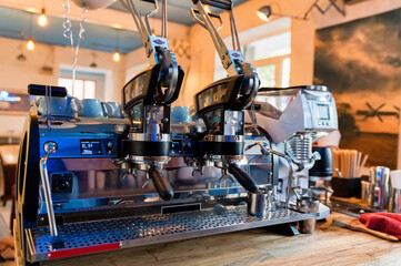 Close up of still shiny lever espresso machine