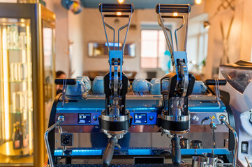 Close up of still shiny lever espresso machine