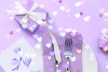 Beautiful table setting for Mother's Day on color background