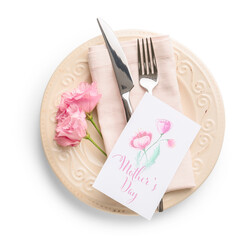 Beautiful table setting for Mother's Day on white background