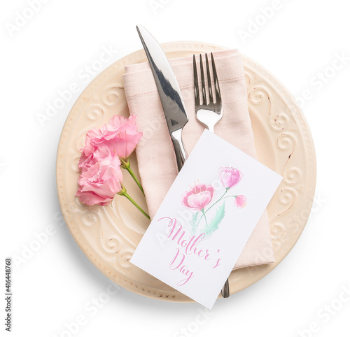 Beautiful table setting for Mother's Day on white background
