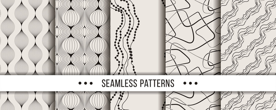 Set of strict, minimalistic seamless patterns. Collection for coloring pages, tectile prints, decor, design. Vector illustrations