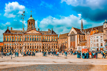 AMSTERDAM, NETHERLANDS - SEPTEMBER 15, 2015:Royal Palace in Amsterdam on the Dam Square in the...