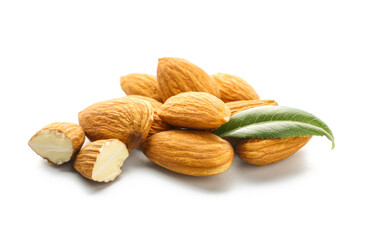 Healthy almonds on white background