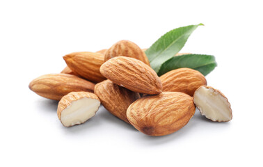 Healthy almonds on white background