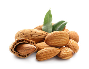 Healthy almonds on white background