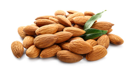 Healthy almonds on white background
