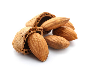 Healthy almonds on white background