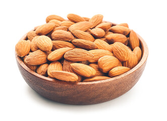 Bowl with healthy almonds on white background