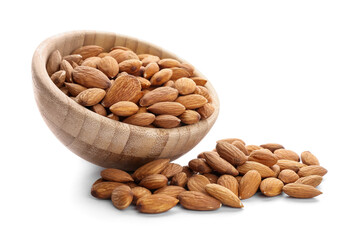Bowl with healthy almonds on white background