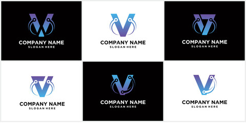Set of tech letter V logo letter a logo design template technology logo icon