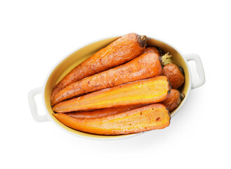 Dish of tasty baked carrot on white background