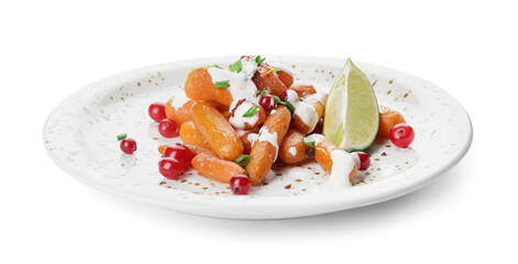 Plate of tasty baked carrot on white background