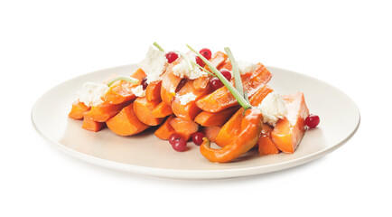 Plate of tasty baked carrot on white background
