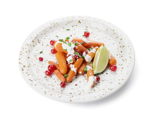Plate of tasty baked carrot on white background