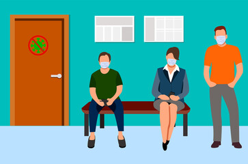 Vaccination of people against various diseases, including the coronavirus NCOV 19. A queue of people in medical masks. Men and a woman in the clinic. Vector illustration