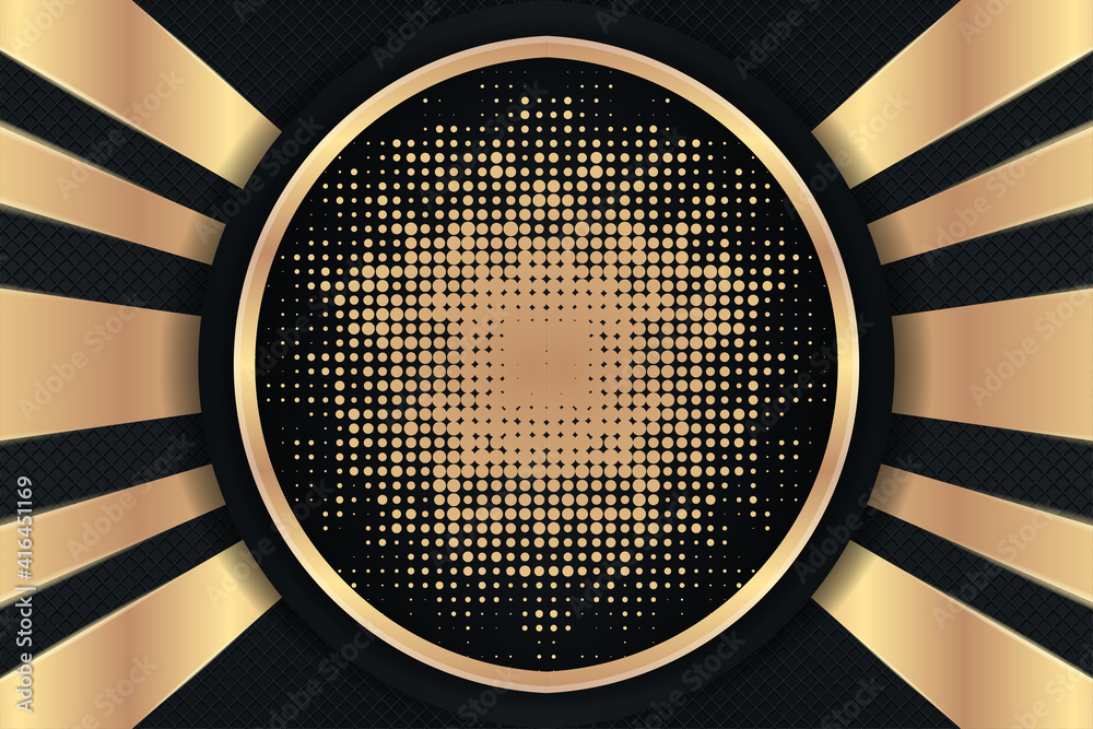 Poster Abstract modern luxury black and gold gradient glow circle background design template. light beam symbol. dot circle and square pattern use horizontal layout.