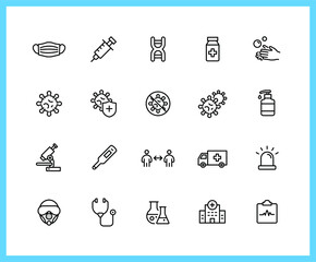 Covid-19, Virus and remedial treatment linear icons and color icons. Injection, Mask, Medicine. Set of Hospital, Research symbols drawn with thin contour lines. Vector illustration.