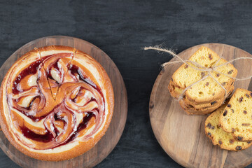 Sweet sultana pie slices on a wooden board