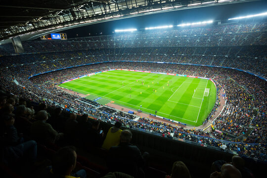 BARCELONA, SPAIN - NOVEMBER 04, 2015: Above view at field and audience during football game between FC Barcelona and FC BATE Borisov (Belarusian) on Nou Camp stadium.