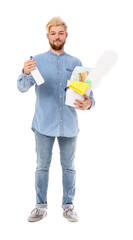 Young man with cleaning supplies on white background