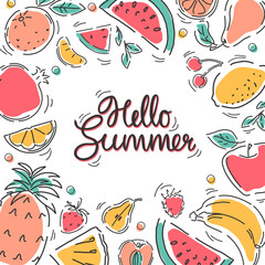 A banner with fruits in a linear style. The inscription "Hello summer". Manual vector background.