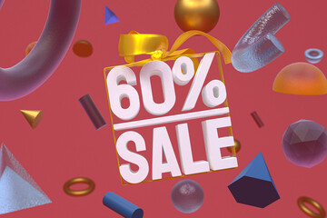 60% sale with bow and ribbon 3d design on abstract geometry background